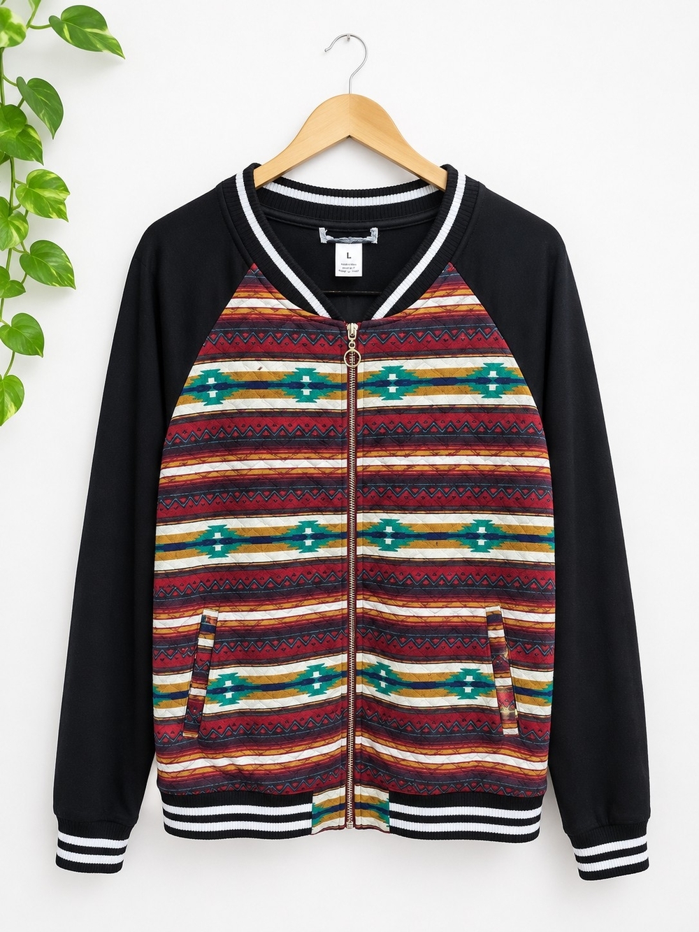 Patterned Aztec Zip-Up Bomber Jacket - Black with Burgundy & Teal